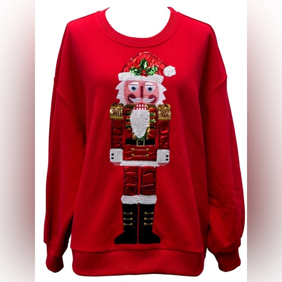 QUEEN OF SPARKLES Metallic SANTA NUTCRACKER Sweatshirt Top NWT Just Arrived!! - Picture 1 of 1